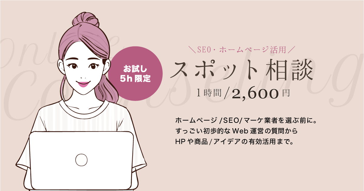 SEO・ホームページ活用！スポット相談(１時間2,600円)。ホームページ/SEO/マーケ業者を選ぶ前に。すっごい初歩的なWeb運営の質問からHPや商品/アイデアの有効活用まで。